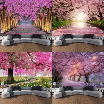 Печать на холсте с изображением цветущей вишни, настенный гобелен для гостиной, большой тканевый декор 100x75cm