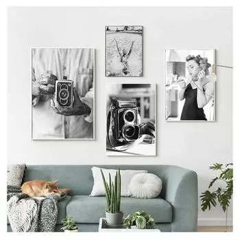 Печать на холсте, старая камера, настенная живопись, минималистичная картина, современное украшение дома, модный постер для девочек, черный, белый цвет 21cm30cm NoFrame