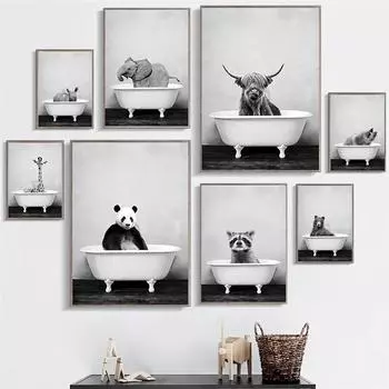 Печать постера в скандинавском стиле для гостиной, настенное искусство, картина на холсте, картина, животное принимает ванну, носорог, енот, жираф, слон 21x30cm No Framed