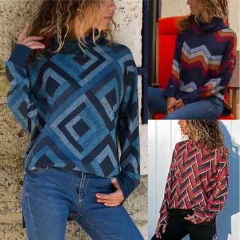 Печать Повседневная мода с длинным рукавом с высоким воротником Женская футболка Топы Женская блузка XXL тёмно-синий