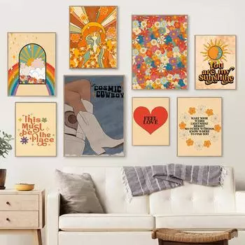 Печать сапог ковбойши 70-х годов цветочный узор хиппи настенный художественный постер домашний декор ретро феминистский солнечный свет радуга цитата холст картина 21x30cm No Framed