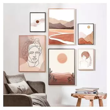 Печать скандинавских плакатов, Роспись стен гостиной, Домашнее украшение, Оранжевый абстрактный пейзаж, Поверхность стены солнечной линии 21cm30cm NoFrame