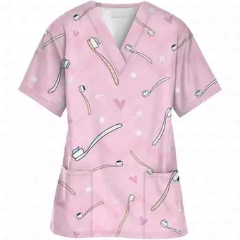 Печать зубной щетки Y2k Топ для женщин Медсестра Униформа Милая одежда Карманная футболка Женская футболка с коротким рукавом Модная медсестра Униформа S