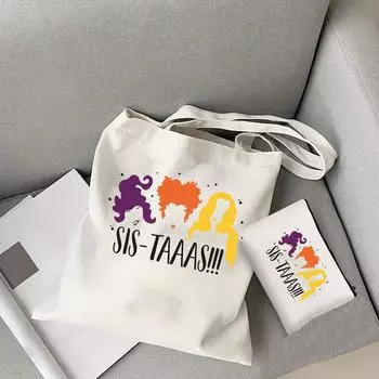 Печатная сумка-тоутХэллоуинская холщовая сумка-тоут Sanderson Sisters Женская модная сумка-тоут для вечеринки на Хэллоуин WHITE