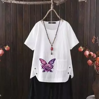 Печатное совершенство: Лето 2024 г. Хлопковая футболка с V-образным вырезом для женщин (Евро-американский дизайн, милый и воздушный) S белый