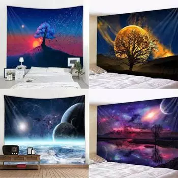 Печатный гобелен Фэнтези Звездное небо Дерево Пейзаж Настенный Гобелен Гостиная Спальня Фон Красивый 100x75cm