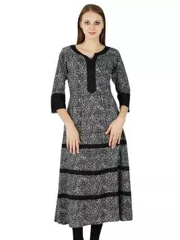 Печатный Хлопок Курти Индийский Этнический Болливуд Туника Повседневный Топ Женщины Курта 14 чёрный