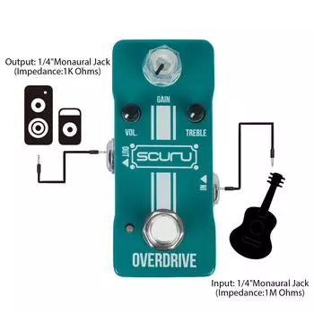 Педаль эффектов SCURU Guitar Overdrive GAIN/VOL/TREBLE DC 9V 6.35mm Входной/выходной интерфейс Dynamic темно-зеленого