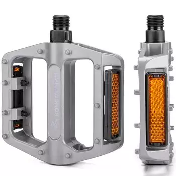 Педаль велосипедная плоская с отражателем дюймовая алюминиевая серебристая 9/16 (КО-1020)