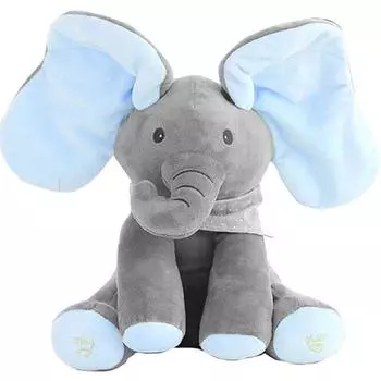 Peekaboo Plush Elephant Toy Singing Stuffed Animated Kids Doll Soft Gift Toy Gray+Blue