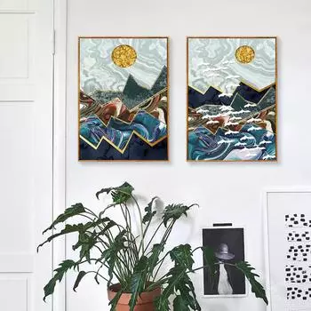 Пейзаж абстрактный плакат Золотая фольга Солнце Холст Картина Бохо Горный художественный принт Современная настенная картина Гостиная Спальня Домашний декор 21x30cm No Framed
