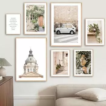 Пейзаж, церковь, автомобиль, велосипед, персиковое растение, оконное настенное искусство, холст, живопись, плакаты на скандинавскую тему и принты, настенные панно, Декор в гостиную 21cm30cm NoFrame