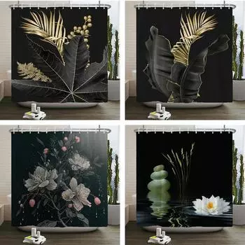 Пейзаж Цветок Зеленые Растения Пальма Ванная Занавеска Водонепроницаемый Полиэстер Душевые Занавески Ванна Экран для Ванной Комнаты с Крючками W90xH180cm
