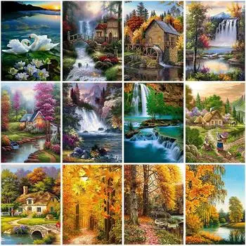 Пейзаж Дерево 5D Алмазная картина Стразы Мозаика Полный круглый дрель Водопад Пейзаж Алмазная вышивка Украшение дома Full Round 20x30CM