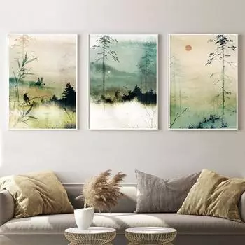 Пейзаж для гостиной, спальни, картина, акварель, натуральная гравюра, двускатное искусство, украшение для дома, зеленый постер, японское украшение 21cm30cm NoFrame