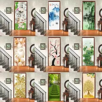 Пейзаж Дверь Холодильник Украшения Наклейки Закат Простые Абстрактные Линии бамбуковые Обои Для Гостиной Домашний Декор Спальня Художественные Наклейки 40x120cm