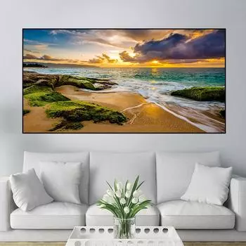 Пейзаж Гавайи Зеленый океан облачно желтый закат пляж холст картины постеры и принты настенные художественные фотографии домашний декор без рамки 20*40cm