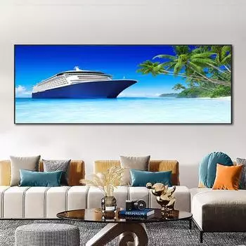 Пейзаж Голубое небо Белые облака Море Пляж Лодка Холст Картина Плакаты и принты Настенные художественные фотографии Декор в гостиную без рамки 20cm40cm NoFrame