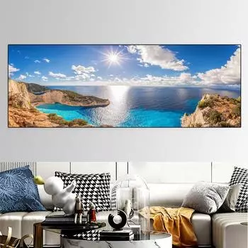 Пейзаж Греческий Пляж Закат Холст Картина Природа Горы Плакаты и принты Настенная Картина Гостиная Домашний Декор Без Рамки 20cm40cm NoFrame