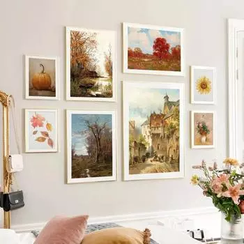 Пейзаж Картина маслом Дерево Лодка Цветочная ваза Лист Тыква Осень Галерея Настенная живопись Печать на холсте Постер Картины Декор гостиной 21x30cm No Framed