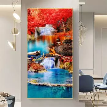 Пейзаж красное, зеленое дерево, синий водопад, холст, живопись, постеры и принты, настенные художественные фотографии, домашний декор для гостиной, без рамки 20*40cm