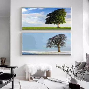 Пейзаж маслом четыре сезона пейзаж дерева искусство холст картина гостиная коридор офис украшение дома фреска без рамки 20*40cm