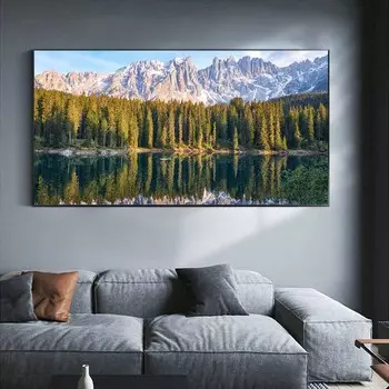 Пейзаж маслом горы лес озеро отражение искусство холст картина гостиная коридор офис украшение дома фреска без рамки 20*40cm No Frame