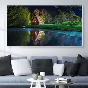 Пейзаж маслом красивая гора берег озера город искусство холст картина гостиная коридор офис украшение дома фреска без рамки 20*40cm No Frame