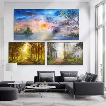Пейзаж маслом красочный лес туман лес холст картина офис гостиная коридор украшение дома фреска без рамки 20*40cm