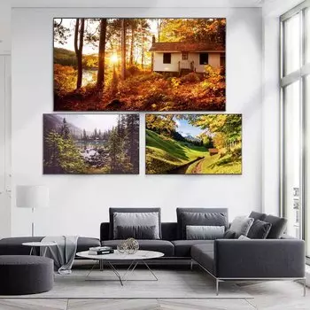 Пейзаж маслом лесной дом зеленое озеро искусство холст картина гостиная коридор офис украшение дома фреска без рамки 20*40cm