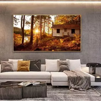 Пейзаж маслом лесной дом зеленое озеро искусство холст картина гостиная коридор офис украшение дома фреска без рамки 20*40cm No Frame