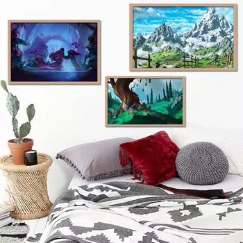 Пейзаж маслом мультфильм снежная гора лес искусство холст рисунок гостиная коридор офис украшение дома фреска без рамки 20*40cm
