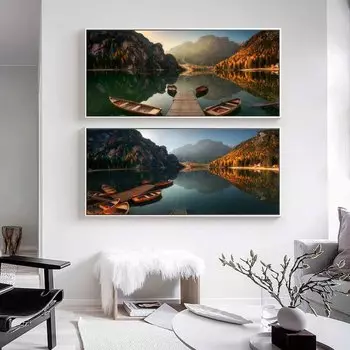 Пейзаж маслом на берегу озера деревянная лодка искусство холст картина гостиная коридор офис украшение дома фреска без рамки 20*40cm