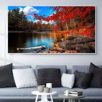 Пейзаж маслом осень гора река красный лист искусство холст картина гостиная коридор офис украшение дома фреска без рамки 20*40cm No Frame