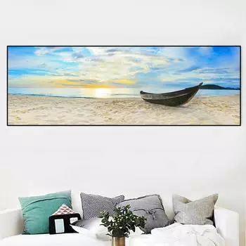 Пейзаж Море Пляж Закат Облако Лодка Холст Картина Плакаты с природой и принты Настенные художественные фотографии Комната Домашний декор Без рамки Без рамки 20*40cm