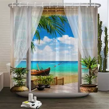 Пейзаж морского пляжа Занавеска для душа с принтом Средиземноморский пейзаж Полиэстер Занавески для ванной Домашний декор Занавеска с крючками W90xH180cm