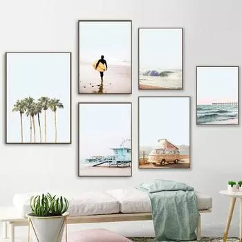 Пейзаж на холсте, скандинавское украшение, автобус, океан, пляж, настенный художественный принт, постер, декоративная картина, скандинавский домашний декор 21cm30cm NoFrame
