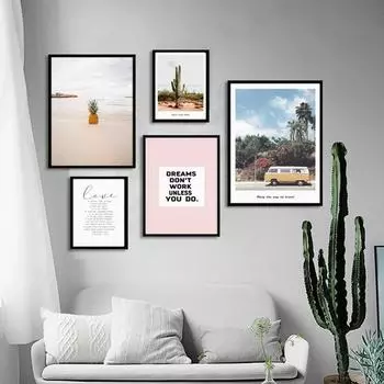 Пейзаж Настенная картина Розовый Кактус Плакат на скандинавскую тему Прибрежный океан Природа Морской пейзаж Печать на холсте Картина Украшение комнаты 21cm30cm NoFrame