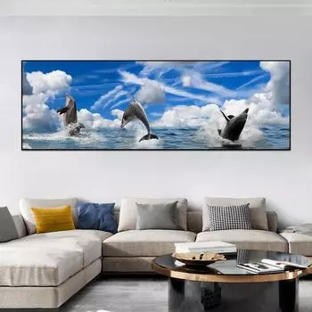 Пейзаж Океан Дельфин Голубое небо Облака Холст Картины Плакаты и принты Настенные художественные фотографии Гостиная Домашний декор Без рамки 20cm40cm NoFrame