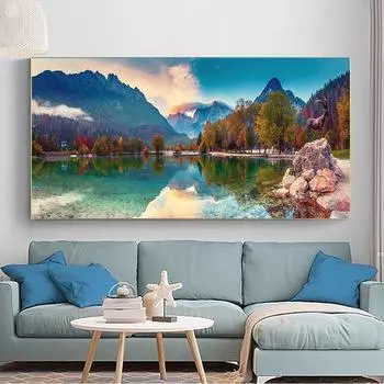 Пейзаж Осень Восход Озеро Альпы Горный Лес Холст Картины Плакаты и принты Настенные Художественные Фотографии Домашний Декор Без Рамки Без Рамки 20*40cm