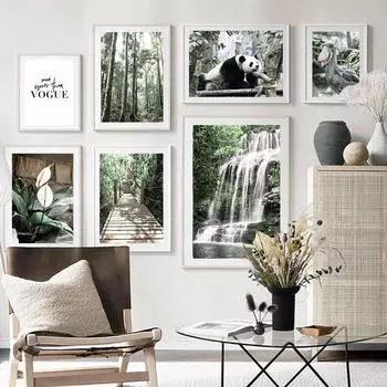 Пейзаж Плакат Водопад Лес Панда Аист Барвинок Белая Пальма Настенная Живопись Холст Картины Настенные Картины Для Декора Гостиной 21x30cm No Framed