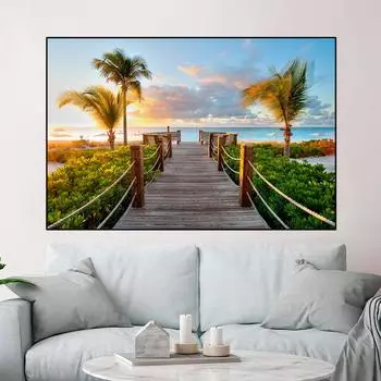 Пейзаж Пламовое дерево Деревянный мост Холст Картина Морской закат Пляж Плакаты и принты Настенные художественные фотографии Домашний декор без рамки 20cm40cm NoFrame