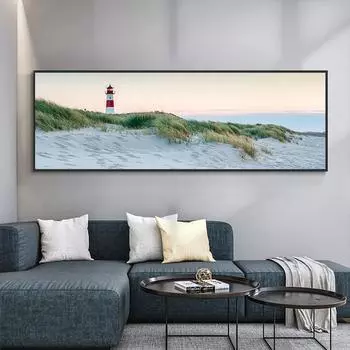 Пейзаж, пляж, луг, маяк, морской пейзаж, холст, живопись, постеры и принты, настенные панно для гостиной, домашний декор, без рамки 20*40cm