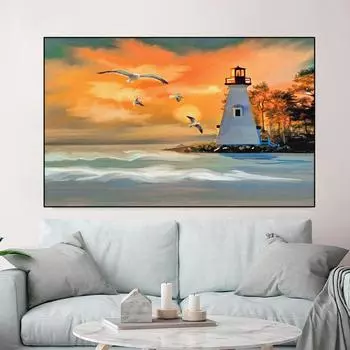 Пейзаж Пляж Маяк Море Чайка Масло Холст Картина Природа Закат Плакаты и принты Настенная картина Домашний декор Без рамки 21*30cm