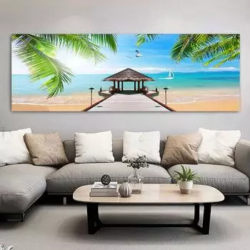 Пейзаж, пляж, пальма, деревянный мост, холст, живопись, постеры и принты, настенные художественные фотографии, домашний декор для гостиной, без рамки 20cm40cm NoFrame
