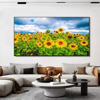 Пейзаж подсолнечника поля голубое небо облака холст картины плакаты на скандинавскую тему и принты настенные художественные фотографии домашний декор без рамки 20*40cm