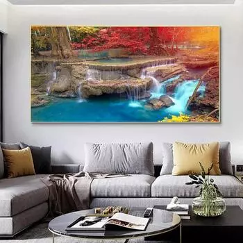 Пейзаж природный водопад холст картина природа красное дерево лес постеры и принты настенные художественные фотографии домашний декор без рамки 20*40cm