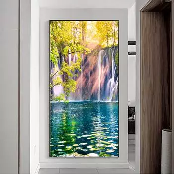 Пейзаж природный водопад холст картина зеленое дерево озеро лист плакаты и принты настенная картина гостиная домашний декор без рамки 20*40cm