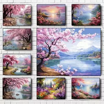 Пейзаж Розовое Дерево Сакура 5D Алмазная Картина Коллекция Дом Парусник Мозаика Сделай Сам Вышивка Картина Настенное Украшение Full Round 20x30CM