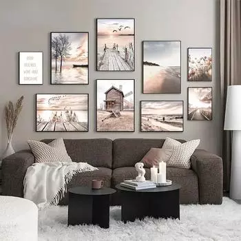 Пейзаж с пляжем и озером, картина на холсте, настенный художественный постер, восход солнца, закат, камышовый принт для современного домашнего декора, дизайн интерьера комнаты 21cm30cm NoFrame